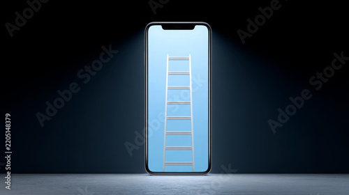 Smartphone with ladder displayed on blue screen against dark background, glowing device standing upright on reflective surface in conceptual digital illustration