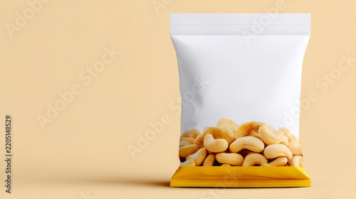 White resealable snack pouch filled with golden cashews, isolated against a warm beige background, product packaging mock up with generous uncluttered space