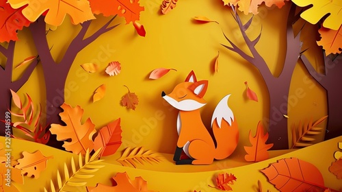 Paper cut craft art illustration of a cute orange fox sitting in a warm autumn forest with falling leaves and layered trees, 3D paper style seasonal background.
