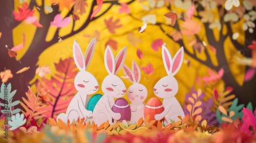 Paper cut rabbits holding painted Easter eggs in a colorful forest, festive 3D papercraft holiday illustration.