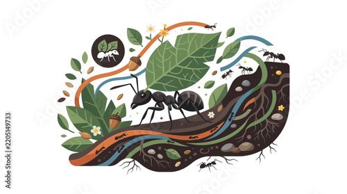 Vector illustration of worker ants carrying green leaves through underground tunnels in a soil ecosystem