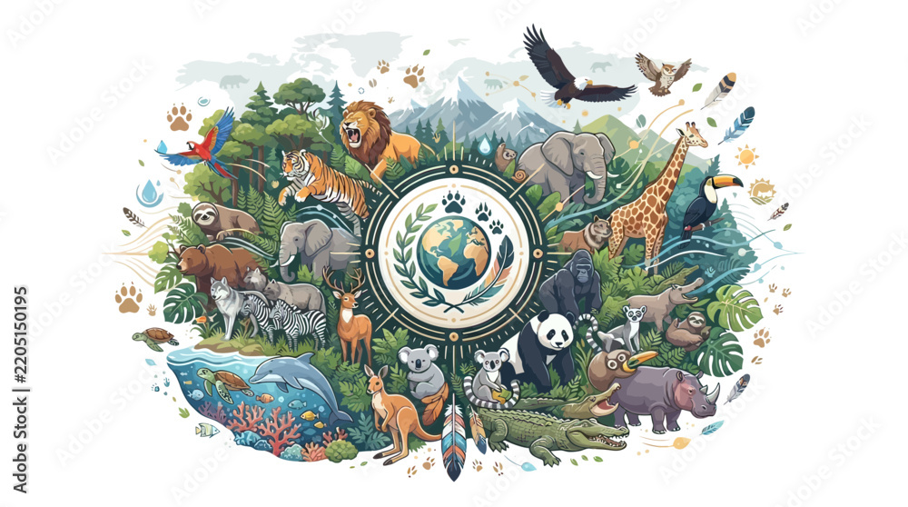 Fototapeta premium Global biodiversity and wildlife conservation illustration with diverse animals around earth globe