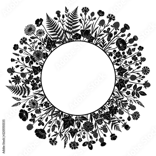 Decorative circular floral frame made of detailed wildflowers and leaves silhouette isolated on white background for wedding invitation or greeting card design.