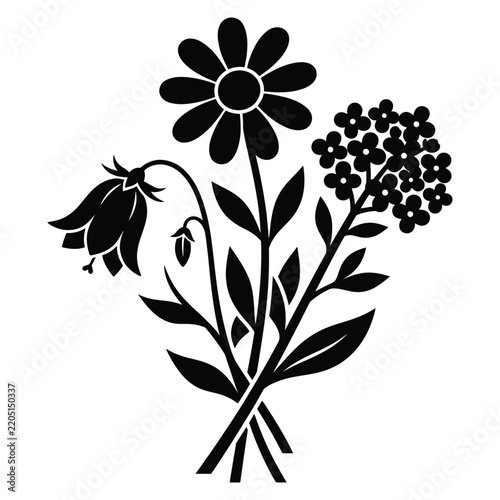 Black and white floral bouquet silhouette illustration featuring a daisy, a bellflower, and a cluster of small blossoms on a clean isolated white background.
