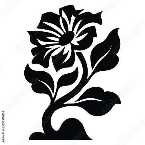 Black and white floral silhouette illustration featuring a decorative blooming flower with lush leaves isolated on a plain background for creative design projects.