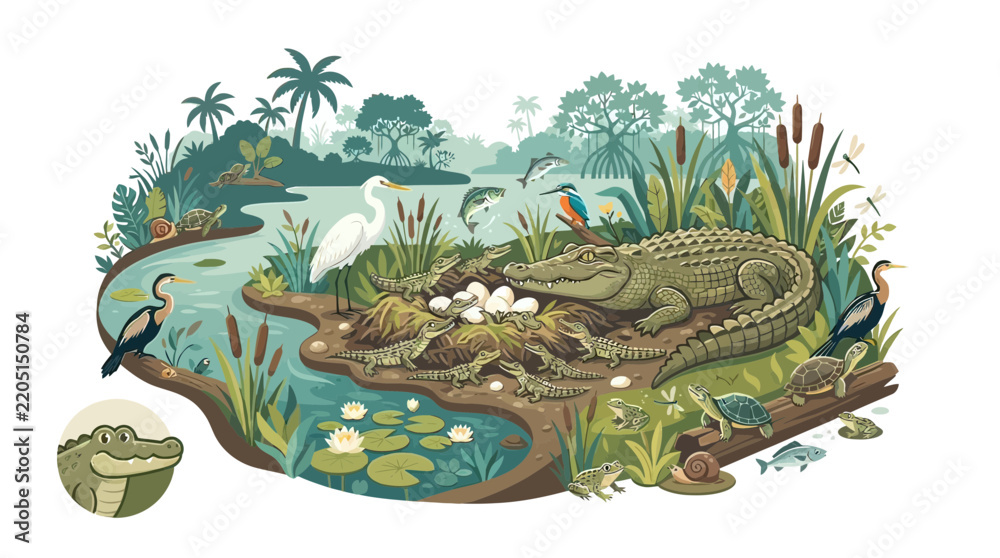 Obraz premium Detailed Illustration of a Wetland Ecosystem with a Mother Crocodile, Hatching Eggs, and Swamp Animals
