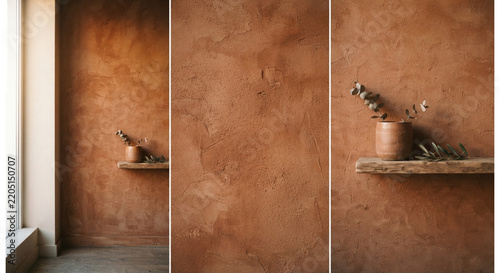 Terracotta plaster wall with wooden shelf and ceramic vase interior