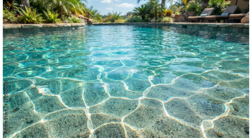 Clear turquoise swimming pool water with sunlight ripples outdoor
