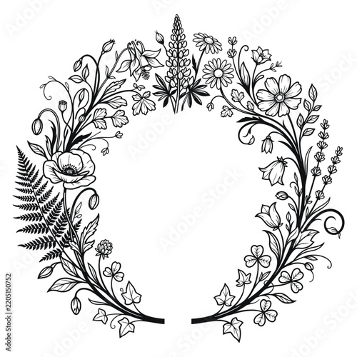 Elegant Floral Wreath Illustration Featuring Hand Drawn Wildflowers and Fern Leaves Isolated on White Background for Wedding Invitation Design Elements