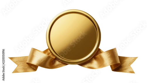 Shiny golden medal with satin ribbon, isolated on transparent background