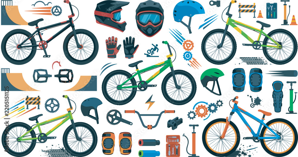 Obraz premium BMX bike vector element set with mountain bicycle helmet ramps gloves tools and extreme cycling street sport equipment icons for summer