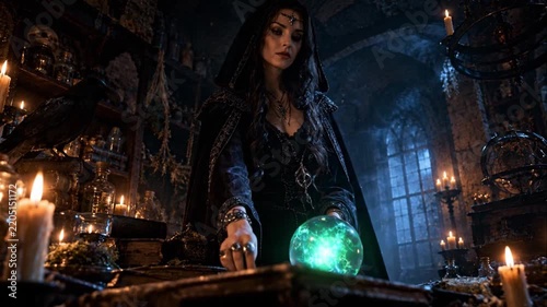 Halloween witch holding a glowing crystal ball in a dark candlelit gothic room