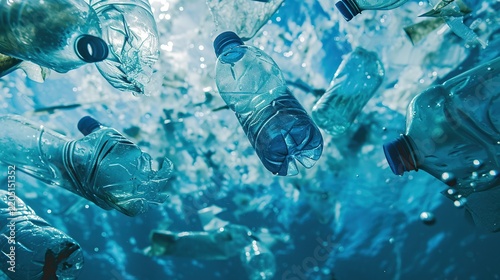 Plastic water bottles floating in deep blue ocean water illustrating environmental pollution and global waste crisis affecting marine ecosystems under bright sunlight.
