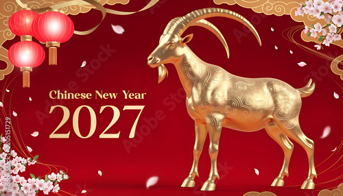 Chinese New Year 2027 banner with golden goat zodiac animal statue on festive red background with lanterns and cherry blossom flowers