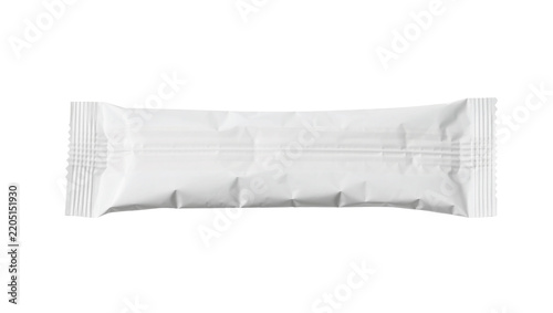 Blank white rectangular snack bar wrapper with crimped edges, isolated on transparent background