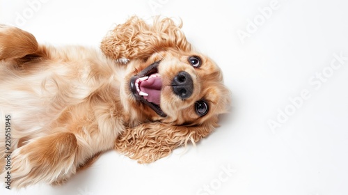 Playful young English Cocker Spaniel dog lying on its back with mouth open in a funny expression, isolated on white background, showing pure youth and energetic personality.