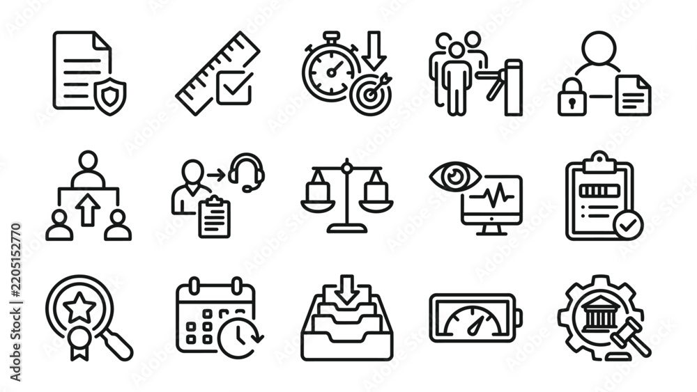 Obraz premium Business Icon Set: A comprehensive collection of linear icons representing various business concepts such as security, productivity, teamwork, legal, and management, designed for professional use.