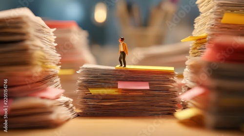 Tiny figure standing on top of a giant stack of paperwork and sticky notes, a burnout and workload concept, in a calm cinematic mood