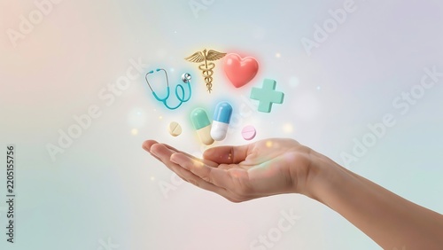 Hand holding medical icons with pills and heart symbol