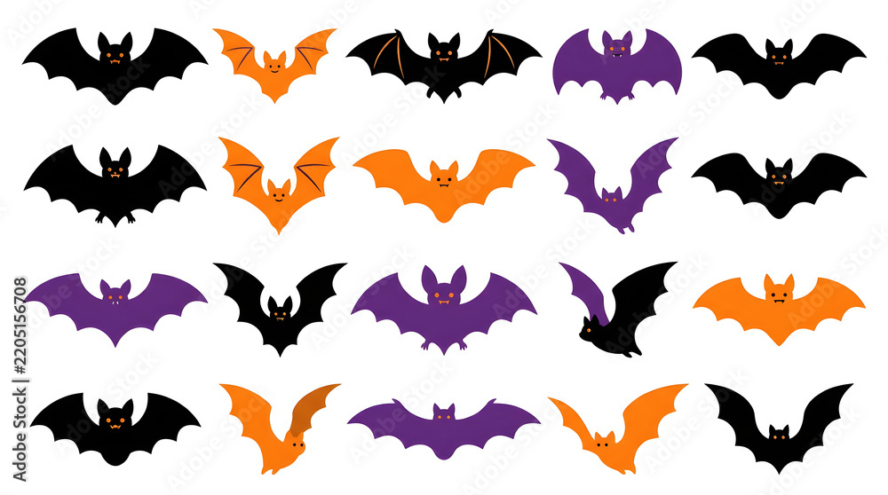 Fototapeta premium Set of cute flat style halloween bat icons collection isolated on white background with black orange and purple spooky animal silhouettes