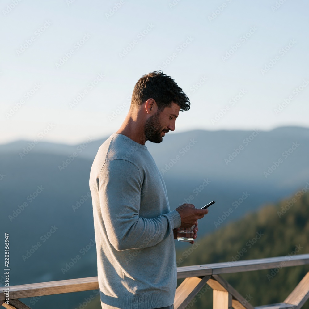Obraz premium Man checking phone while holding a drink on balcony with mountain view for lifestyle banner and background design