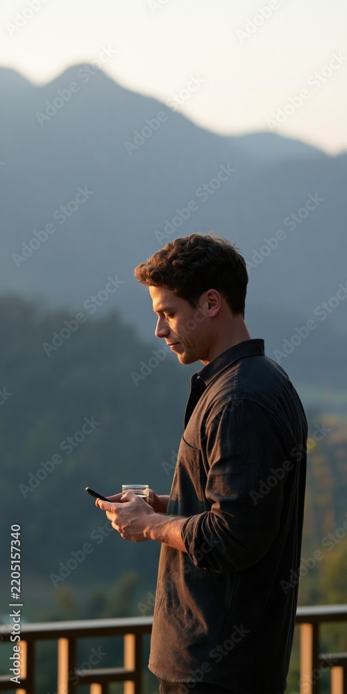 Fototapeta premium Young man on mountain terrace reading smartphone with drink at dusk for lifestyle background and travel banner