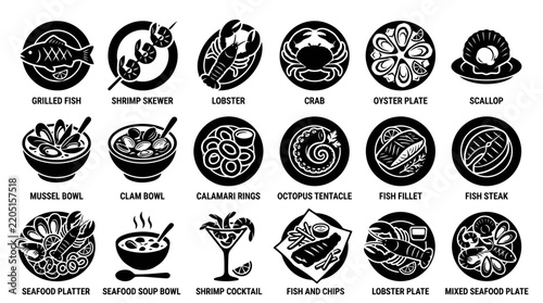 Round seafood meal icons showing grilled fish shrimp skewer lobster and oyster plates.
