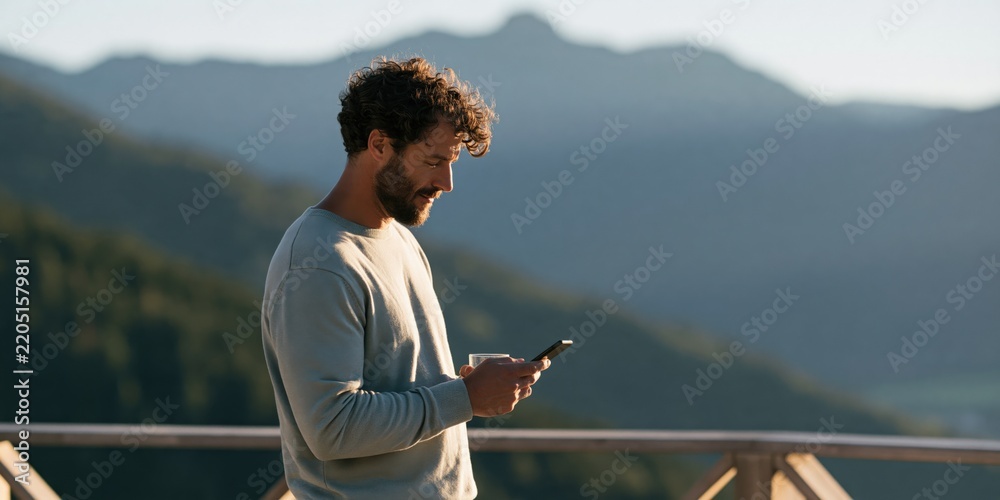 Obraz premium Man on wooden railing overlooking mountains checking phone with coffee for travel background and social media banner design