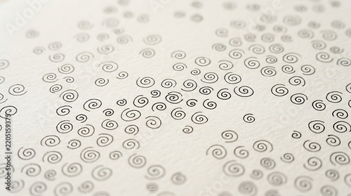 Close-up view of a light surface adorned with numerous small, dark, hand-drawn spiral patterns scattered across the texture.