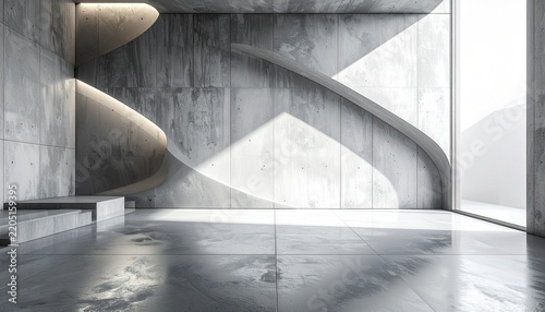 Minimalist Concrete Interior with Natural Light and Curved Design.