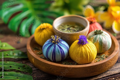 Thai herbal compress balls with lemongrass, turmeric root and butterfly pea flowers in wooden bowls, with generous copy space