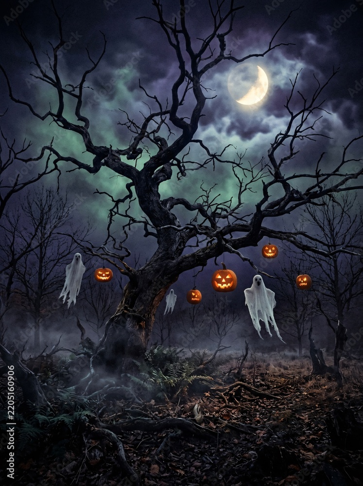 Fototapeta premium Spooky Halloween night scene in haunted forest with gnarled tree, pumpkins, and full moon