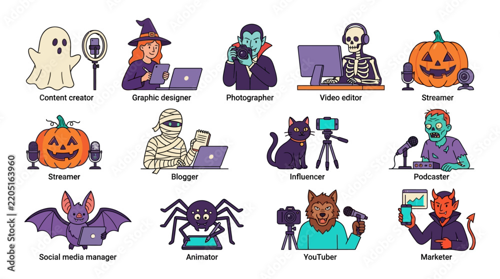 Fototapeta premium Halloween characters as digital creators and influencers vector illustration