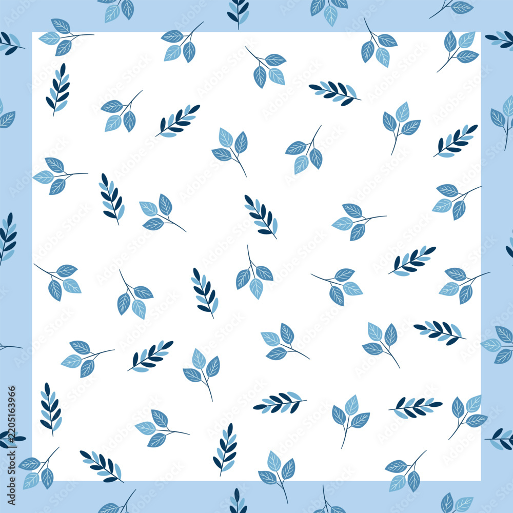Fototapeta premium Blue Winter Leafy Branch Seamless Pattern with Hand-Drawn Leaves and Botanical Sprigs