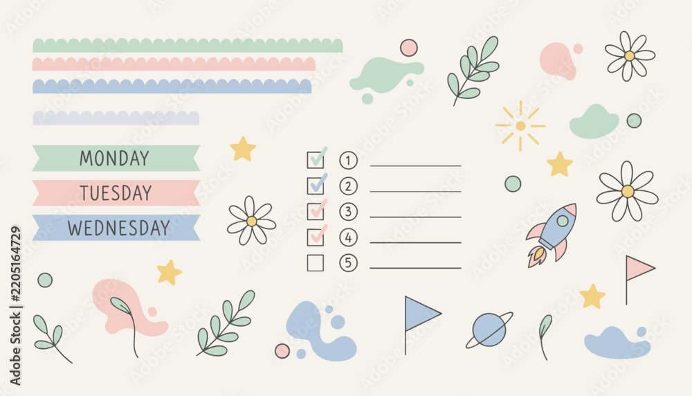 Obraz premium Weekly planner worksheet template kit with daily labels to do list and cute pastel space stickers on beige background.