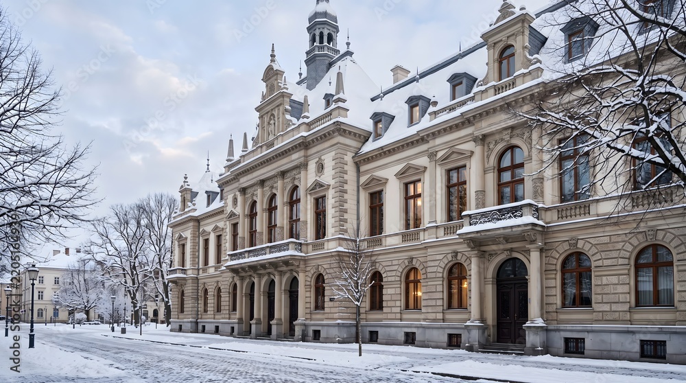 Obraz premium Historic European Building Covered in Snow on a Winter Day.