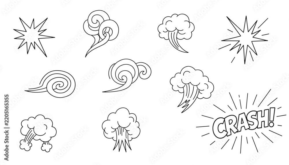 Obraz premium Hand drawn outline collection of comic style explosions, smoke puffs, wind swirls, and crash sound effects.