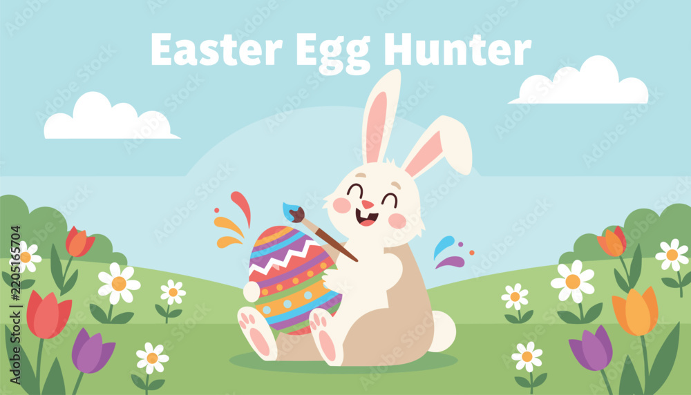 Fototapeta premium Cute Easter bunny sitting in a grassy field of flowers and painting a colorful decorated Easter egg with a brush.