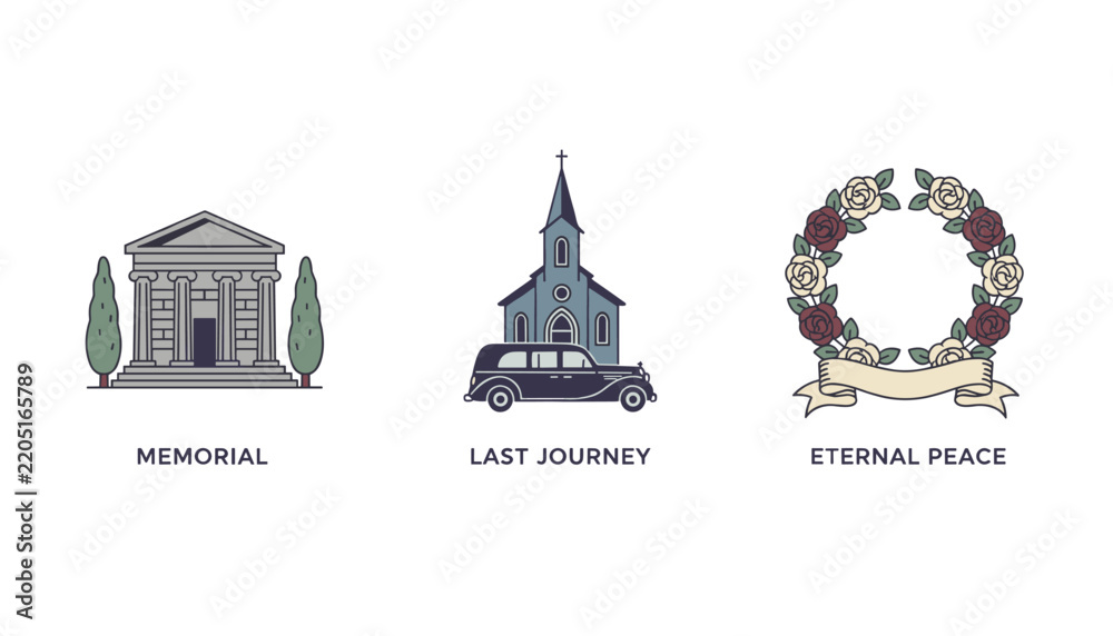 Obraz premium Set of three funeral and memorial service icons showing a classic temple, church with a hearse, and rose wreath.