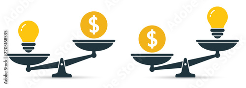 Light bulb idea and money on scales icon set. Scales icon, vector design. Business concept flat vector illustration.