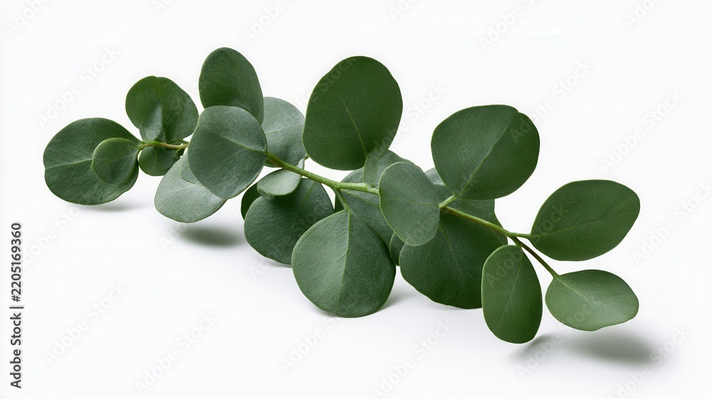 Obraz premium Eucalyptus branch with round green leaves representing natural beauty health and botanical wellness on white background