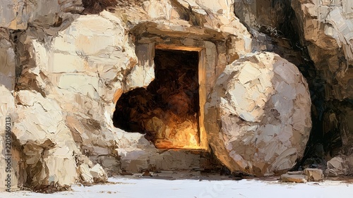 Empty cave tomb with the stone rolled away and light shining from within symbolizing jesus' resurrection and triumph