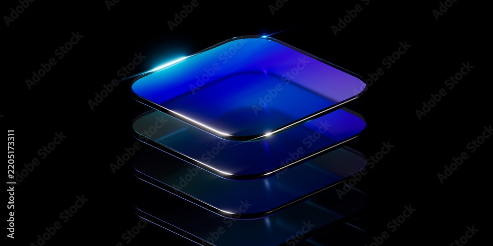 Obraz premium Glass panel stack on black, 3d rendering minimal tech concept for fintech app, corporate presentation, digital wallet concept and cloud computing software ui banner