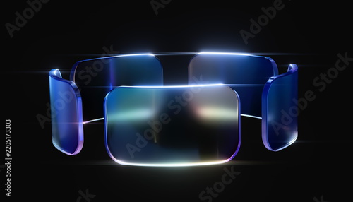 Floating ring of translucent blue glass tiles on black background for tech app logo icon, connection flow, saas website graphic and corporate process. 3d rendering