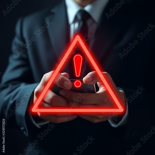 A businessman in a suit holding a smartphone with a glowing red neon warning triangle symbolizing cybersecurity threats and data security