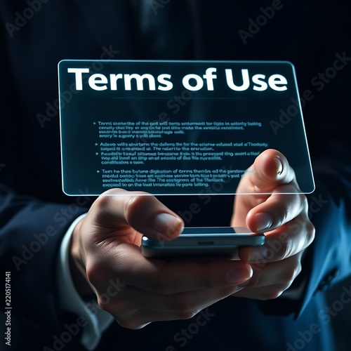 A person in a suit holding a smartphone with a floating holographic display showing the text terms of use and legal document