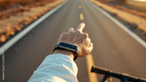 A person wearing a fitness tracker on their wrist points towards a long asphalt road stretching into the distance during a sunny golden hour