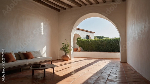 Mediterranean style patio with arched opening, terracotta tile floor, and comfortable sofa