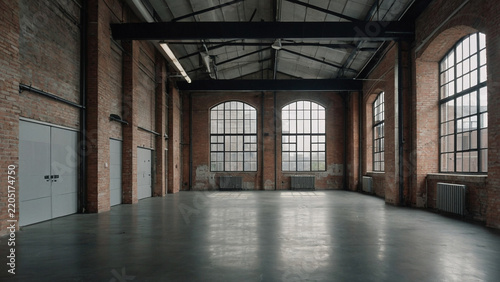 Spacious empty industrial loft warehouse interior with exposed brick walls and large grid windows