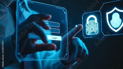 Businessman interacting with a futuristic holographic login interface featuring a fingerprint scanner and shield for secure authentication